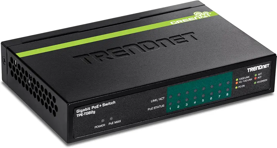 TRENDnet 8 portas GREENnet Gigabit PoE + Switch, suporta dispositivos PoE e PoE+, orçamento PoE de 61 W, capacidade de comutação de 16 Gbps, dados e energia via Ethernet para pontos de acesso PoE e câmeras IP, preto, TPE-TG82G