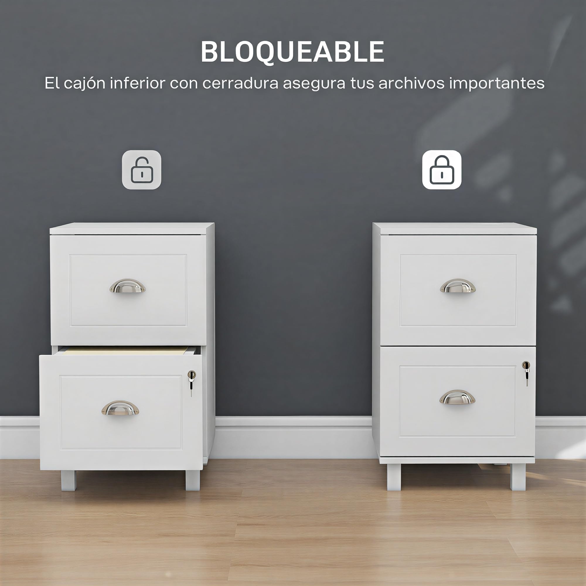 HOMCOM Cassettiera da ufficio 2 cassetti A4 e lettera 40 x 41,5 x 67,5 cm bianco | Mobile archivio, cassettiera per scrivania, con serrature, cartelle sospese