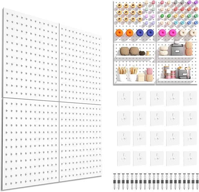 DEMEDO Pegboard,Peg Board,Pegboard Wall Organizer with self-Adhesive Hooks, No Drilling to Wall,Peg Boards for Walls,Easy Installation,Metal Pegboard for Craft Room Garage Kitchen Workshop