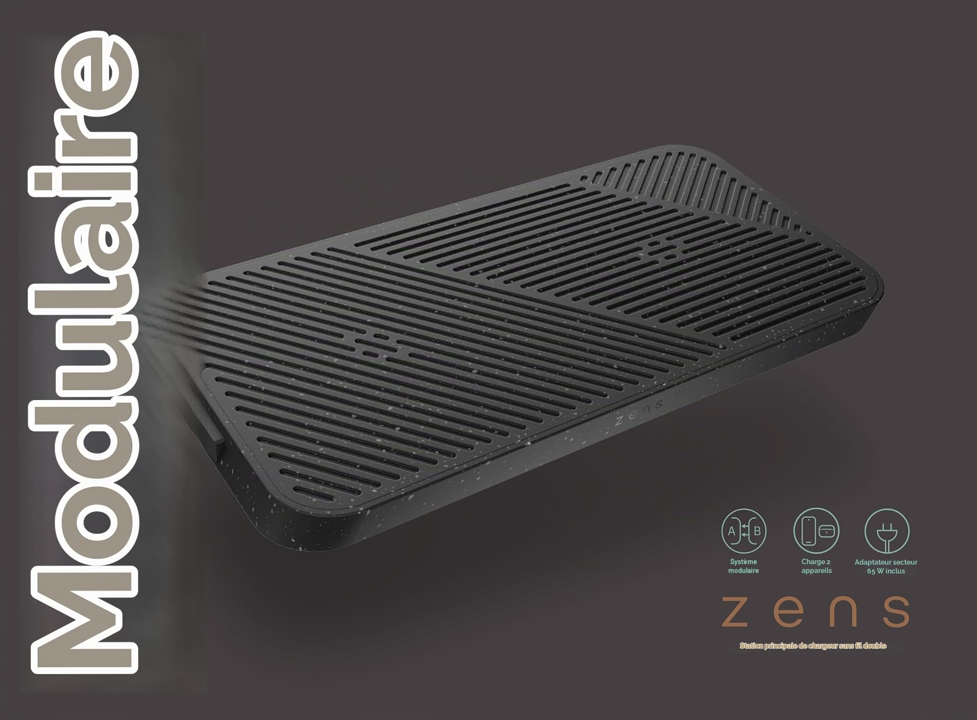 Otterbox Zens Modular Dual Wireless Charger Main Station, Noir | Chargeur sans fil 15 W pour iPhone/AirPods et appareils compatibles Qi, adaptateur secteur de 65 W (EU/UK/US) et câble 1,5 m