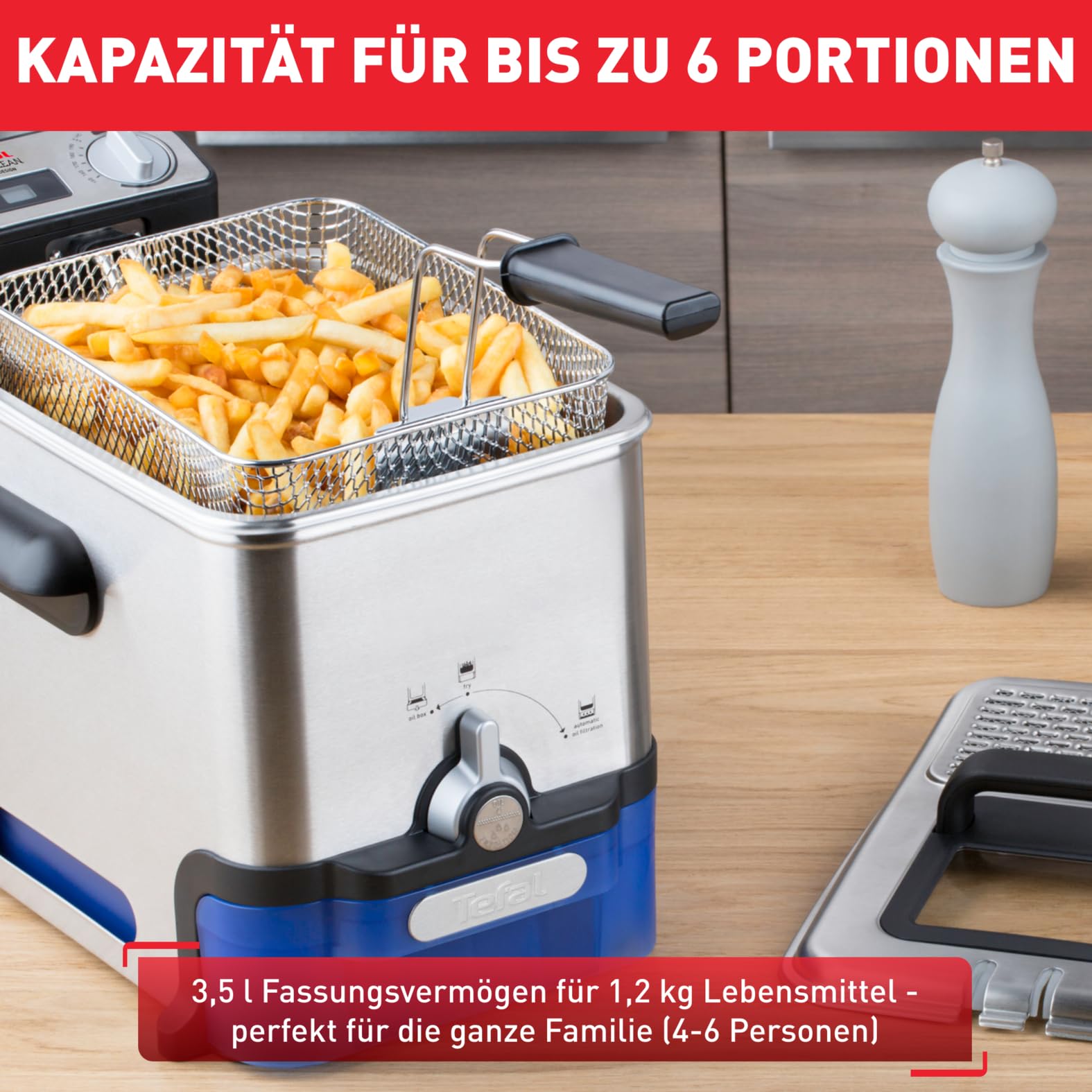 Tefal Oleoclean Pro Fritteuse 3,5L für knusprige Pommes, 2300W Edelstahl Friteuse mit Öl-Filterung, Herausnehmbarer Ölbehälter 1,2kg, Timer & Thermostat, Spülmaschinenfest, Schwarz/Edelstahl