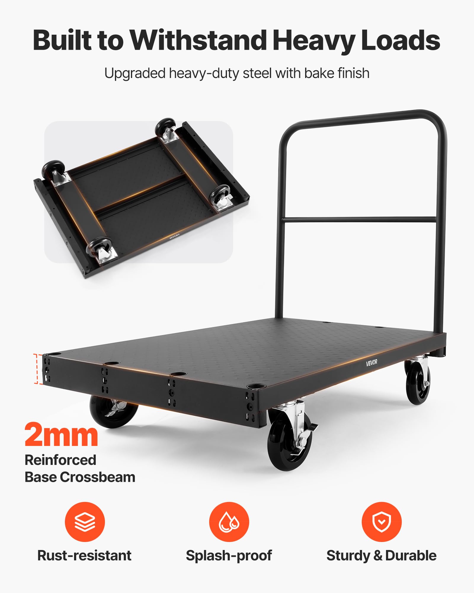 VEVOR Plattenwagen, 816 kg Tragkraft, 2-in-1 Rollenwagen mit 360° Lenkrollen, 914x610 mm Plattformwagen mit 3 seitlichen Handläufen, Transporthilfe für Fabrik, Lager, Garage, Schwarz