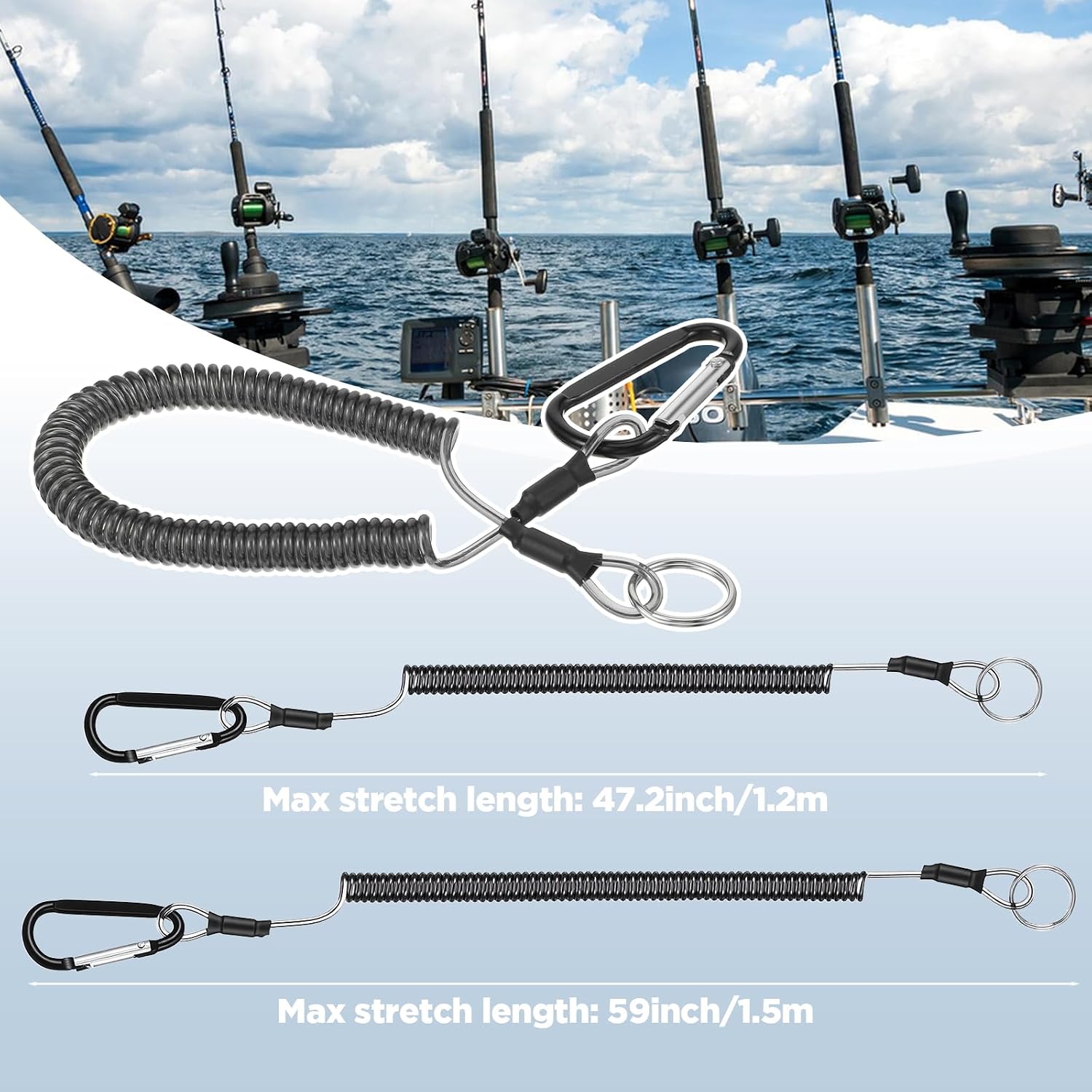 6 Pack Fishing Coiled Lanyard, Retractable Tool Lanyards for Hand Tools Keychain Pole Tether, Kayak Paddle Leash Fishing Rod Safety Steel Wire Lanyards Gear with Carabiner Clips for Pliers Boating image 2