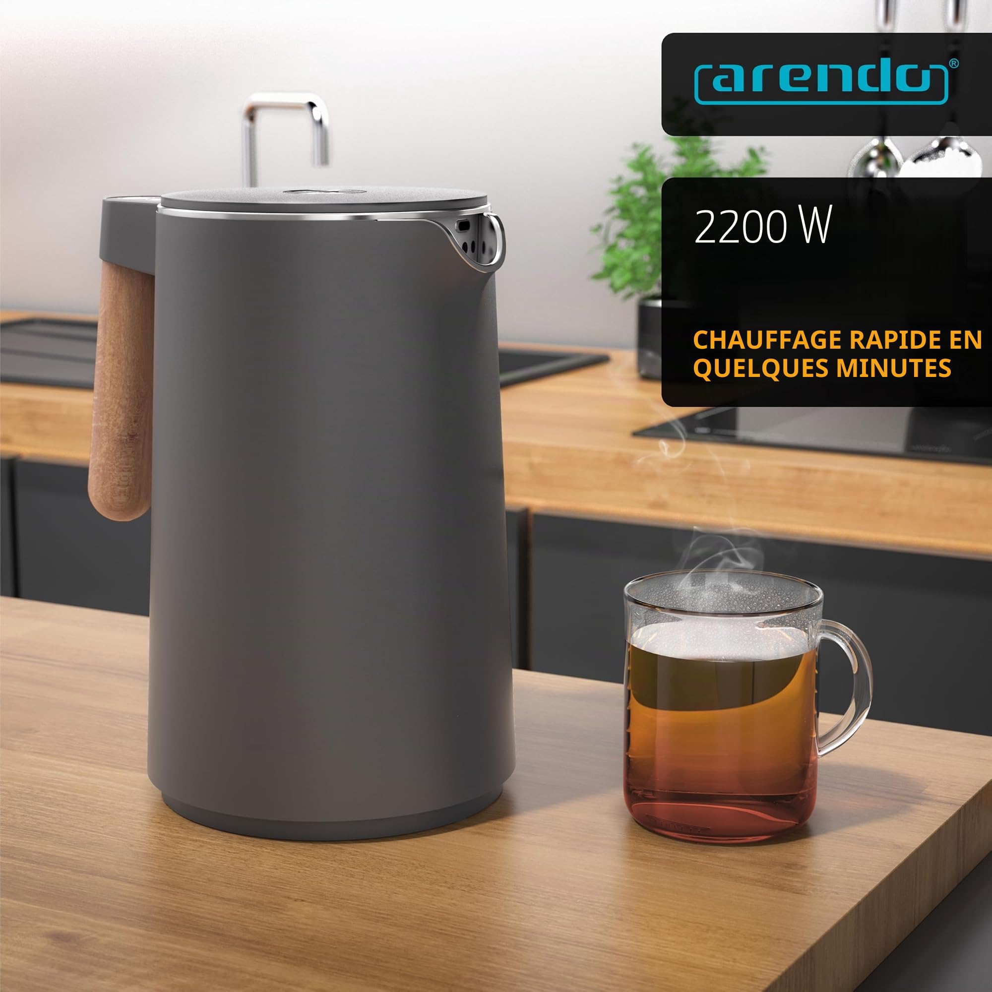 Arendo - Bouilloire en acier inoxydable avec réglage de la température - 45 °C - 100 °C - 1,5 l - double paroi - sans BPA - Fonction maintien au chaud - Cuiseur à thé avec indicateur de température