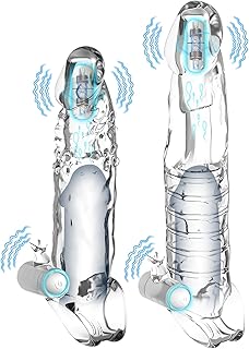 2 Pack Vibrating Penis Sleeve with Clitoral Vibrator, Couple Sex Toys, 4.1 & 2.6 inch Penis Extender Cock Sleeve Set with Penis Ring, Sexual Enhancer Penis Extension Sleeve, Sex Toys for Men