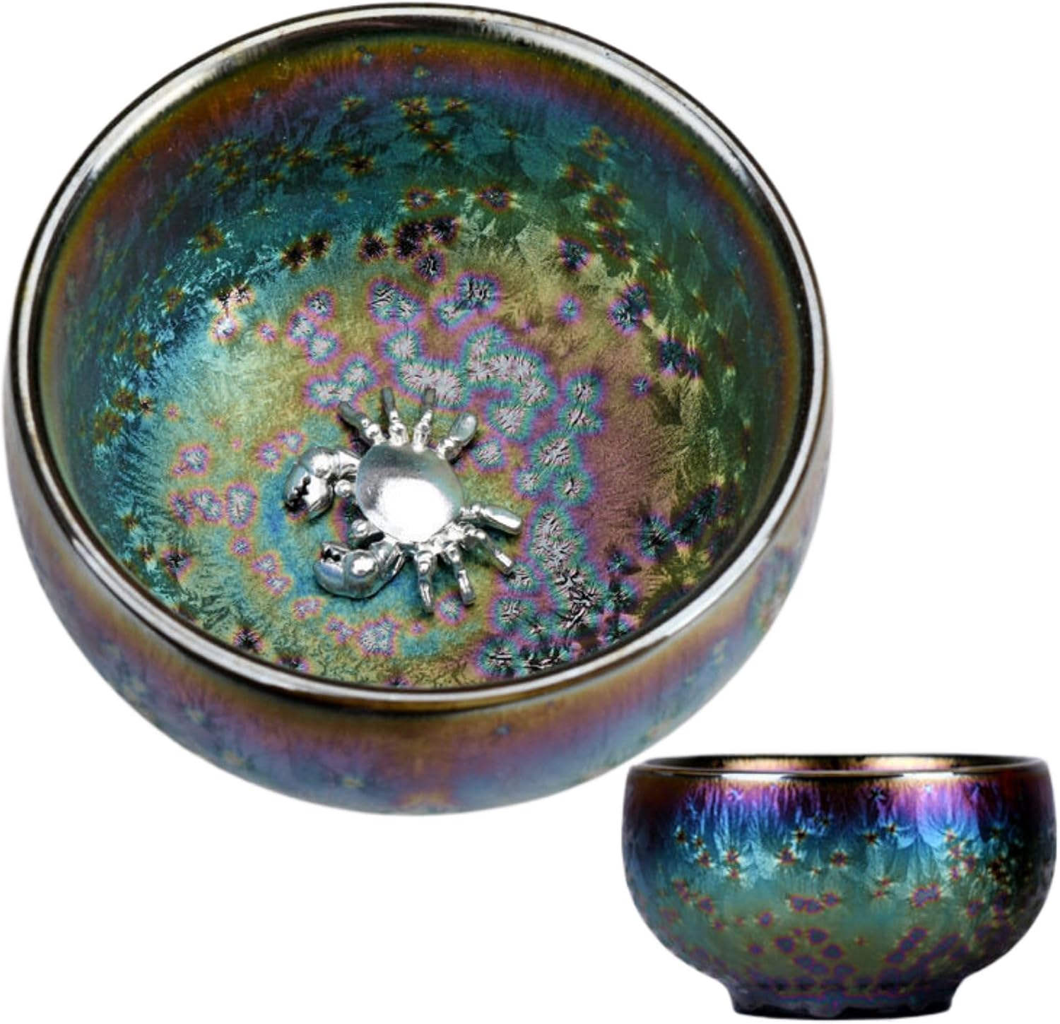 窑变七彩孔雀镶银建盏 covered bowl,银鱼杯窑变天目品茗茶杯 used porcelain for making tea.饰主人杯 Masters Cups 茶盏 Kiln Glaze Porcelain Tea Set 茶碗 Q775