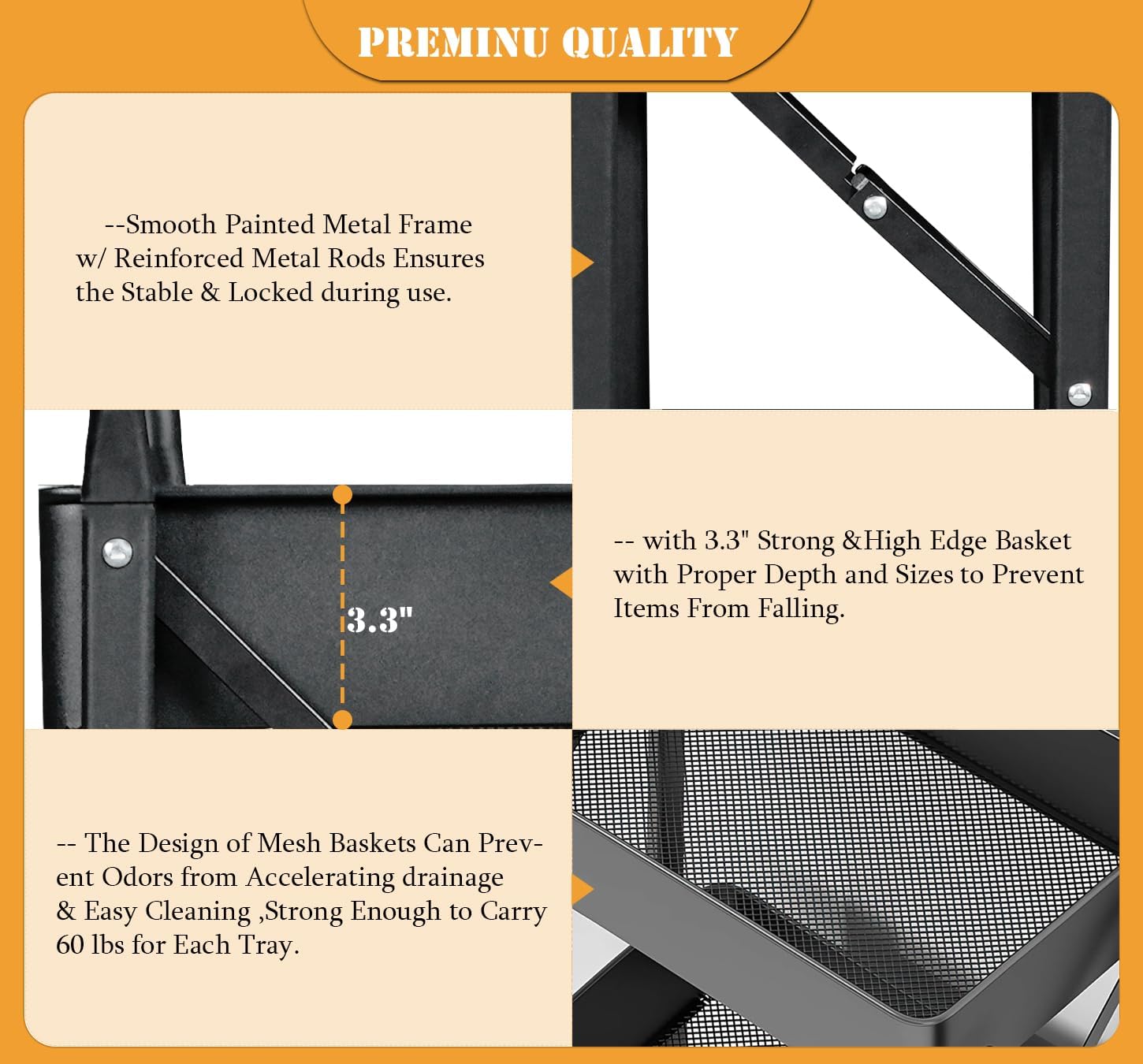 Foldable Rolling Cart 3 Tier Utility Storage Cart No Assembly Metal Heavy Duty Kitchen Carts Folding on Wheels Trolley Organizer Cart with Cup and Hooks for Office/Classroom/Dorm(Black)