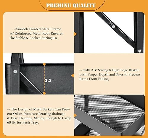 Miniatura 5 de Carrito plegable con ruedas de 3 niveles, carrito de almacenamiento utilitario de metal resistente sin montaje, carritos de cocina plegables sobre