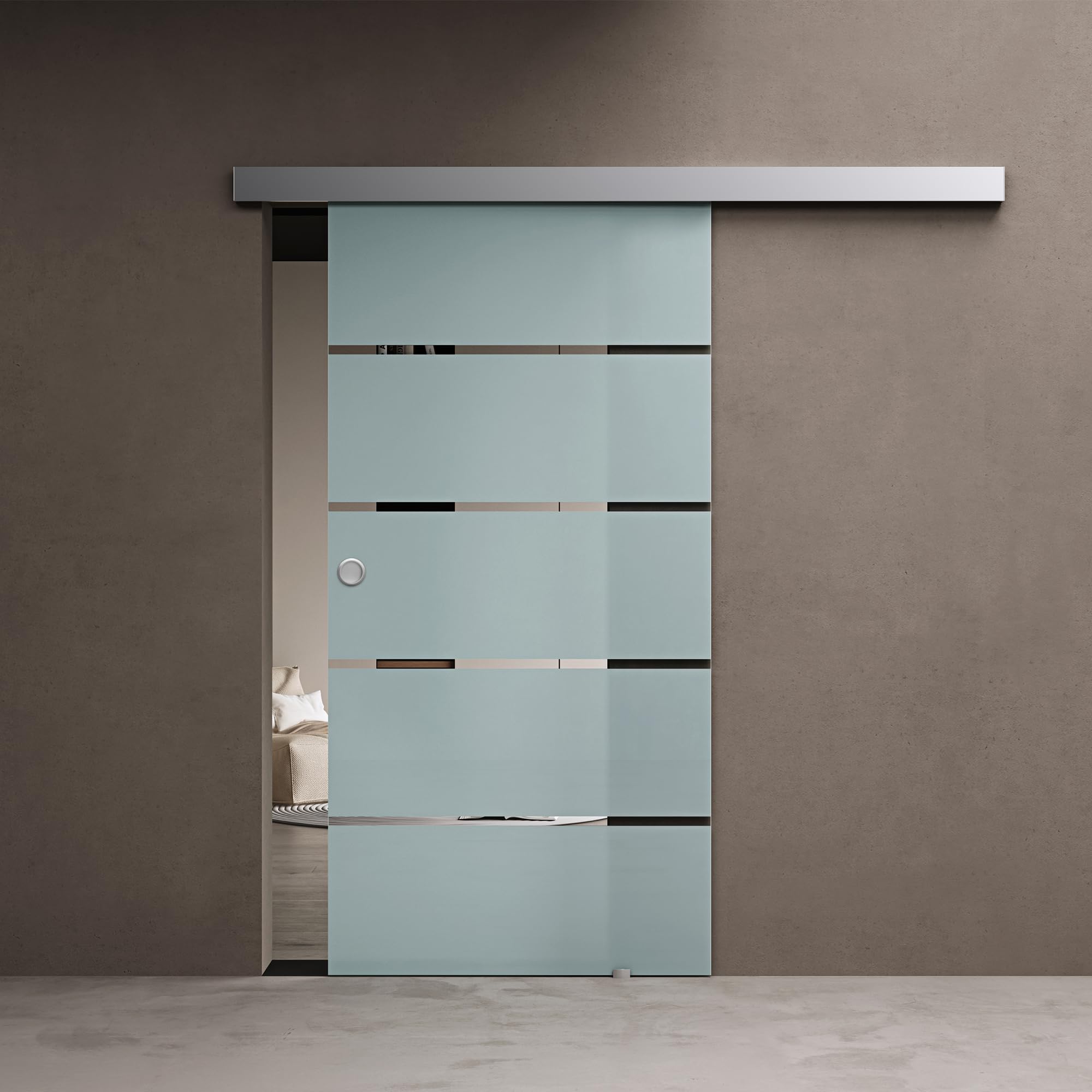 doporro Glasschiebetür Komplettset 90 x 205 cm | 15mm Wandabstand | Schiebetür mit ESG-Sicherheitsglas | Zimmertür Glas mit 5-Milchglas-Streifen und Muschelgriff | Amalfi-plus 11
