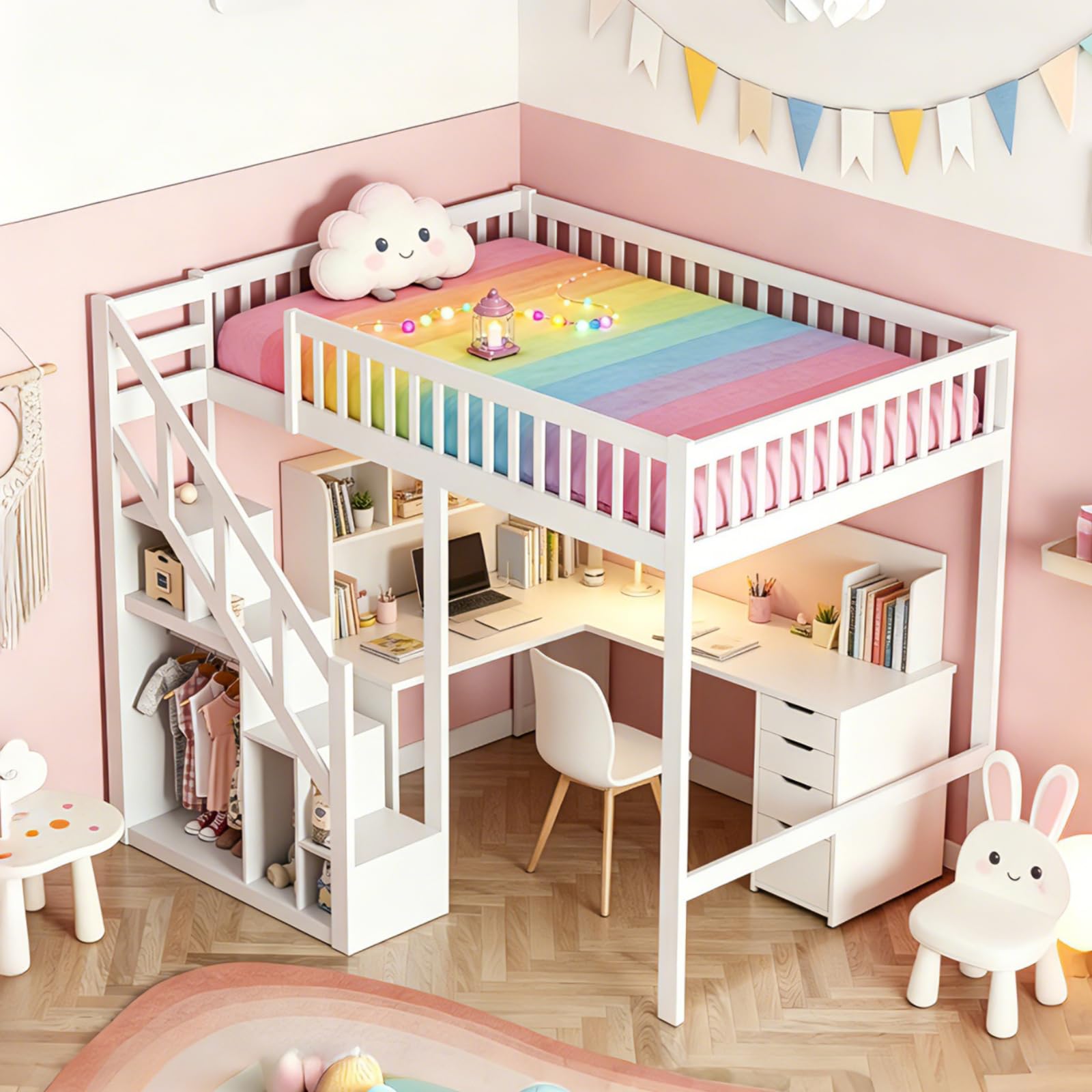 Letto a castello, 90 x 200 cm, letto a castello con scale e spazio di archiviazione, lettino per bambini con libreria e armadio, letto per ragazzi con rete a doghe, in legno massiccio, senza