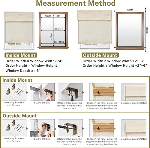 Miniatura 6 de AWLMond - Persianas romanas sin cordones para ventana, de lino puro, tejido de hierba de cáñamo natural, persianas enrollables de privacidad para