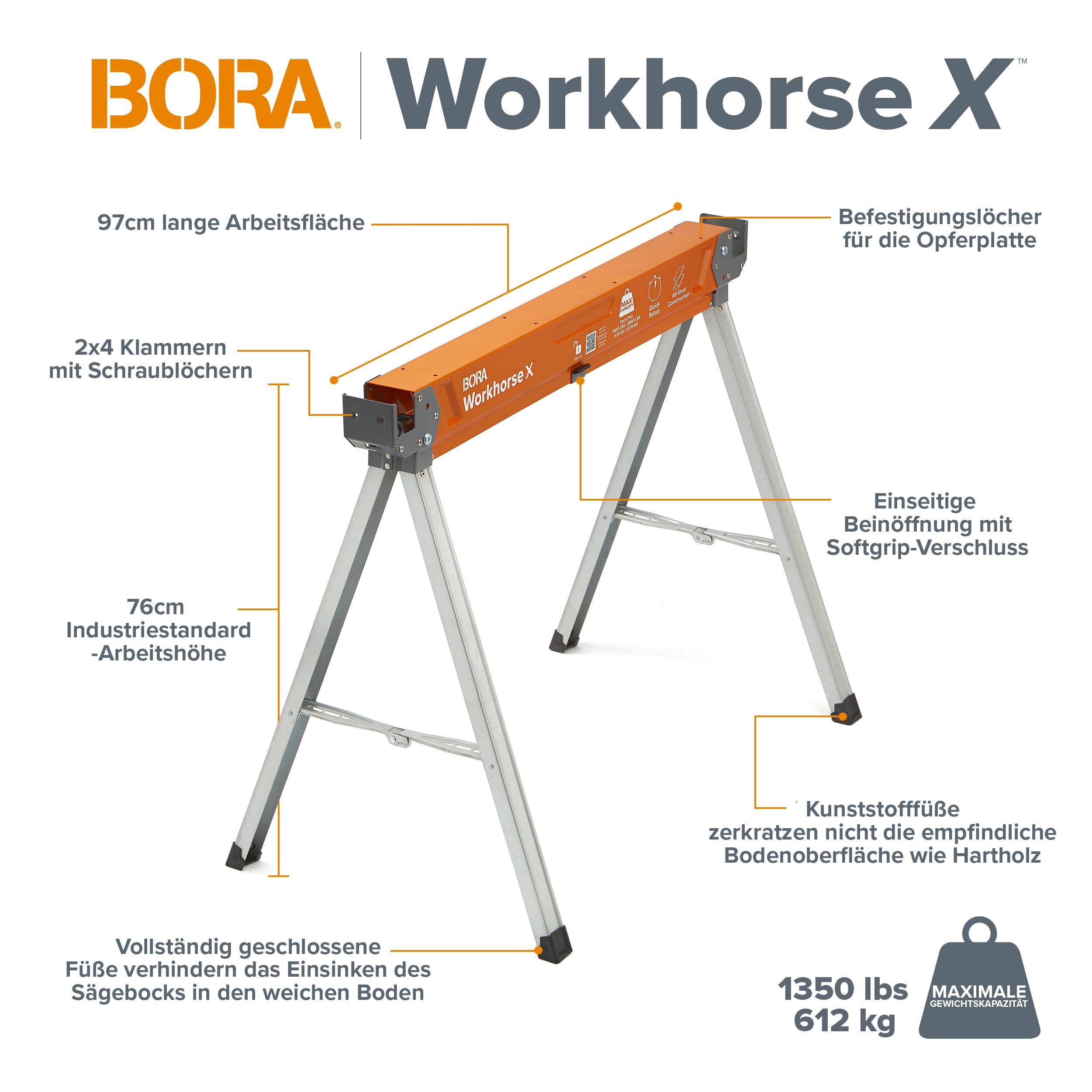 Bora Arbeitsböcke klappbar mit Stahlrahmen, 1225 kg Tragfähigkeit – Arbeitsbock 2er Set, höhenverstellbar, Sägebock klappbar, 2x4 Halterung – PM-3350T
