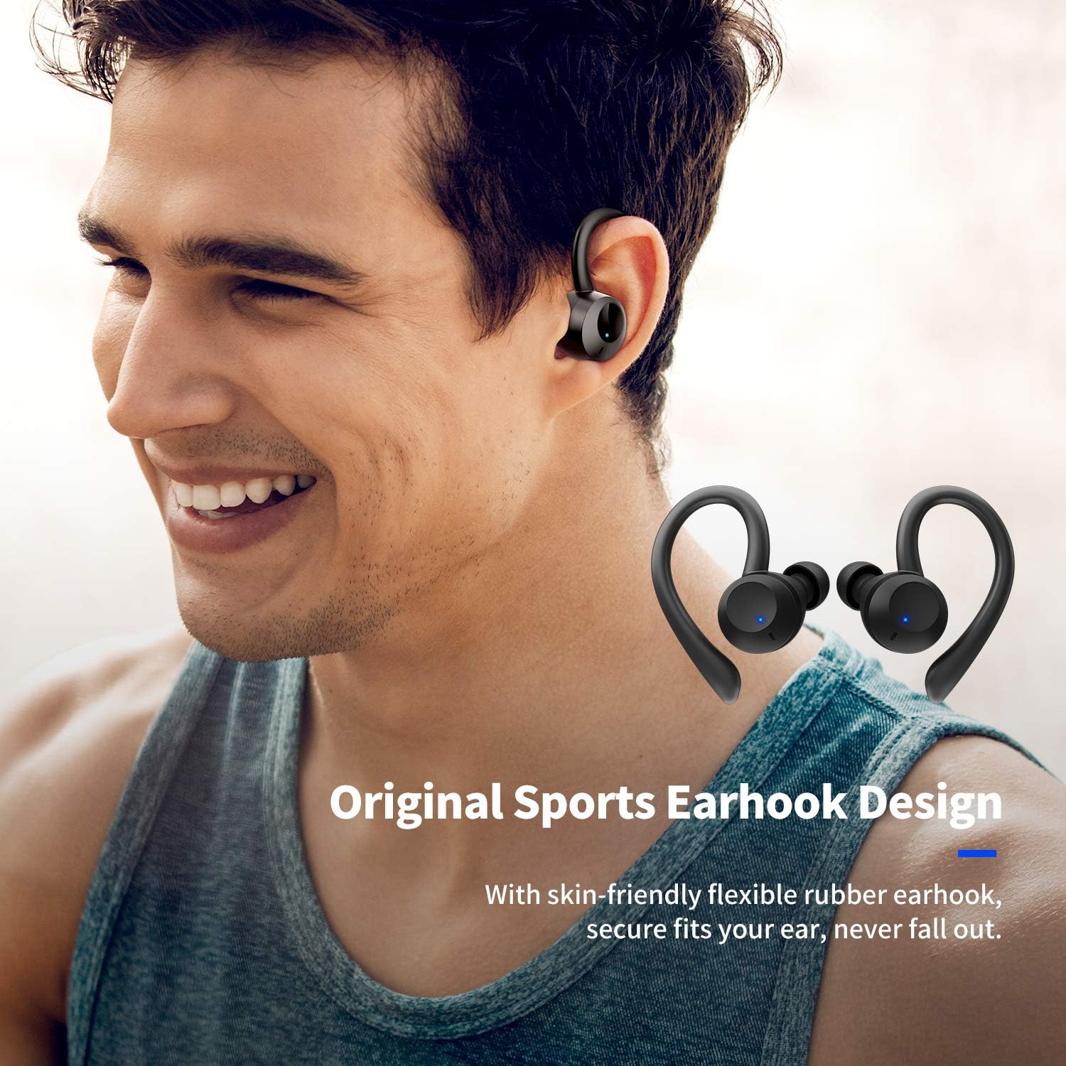 A man wearing Axloie G1 earbuds, highlighting the original sports earhook design.
