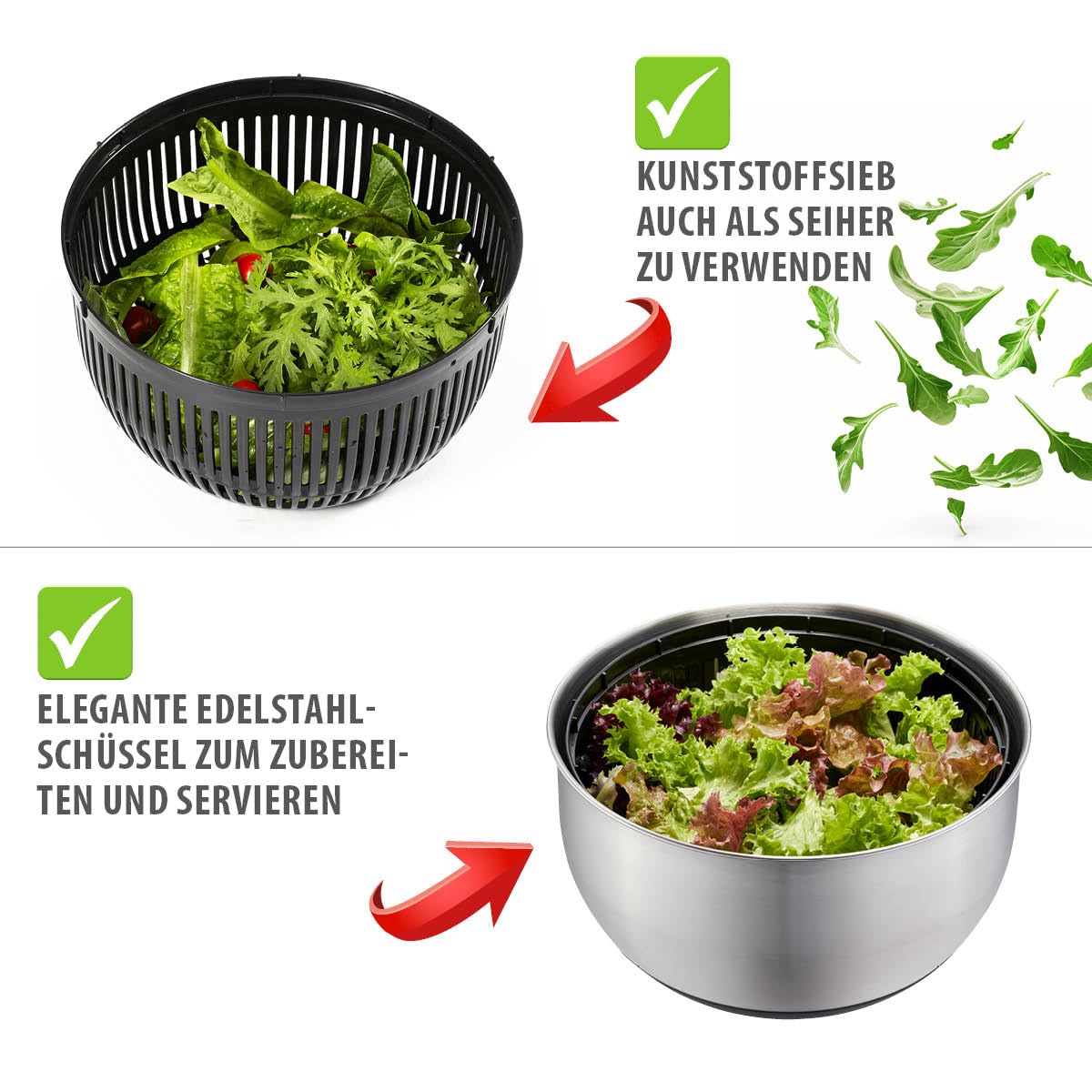GEFU Salatschleuder PULLIT mit Frischhaltedeckel, Edelstahlschüssel 4,5 l mit Seilzug, Stoppknopf und Silikonboden - spülmaschinengeeignet
