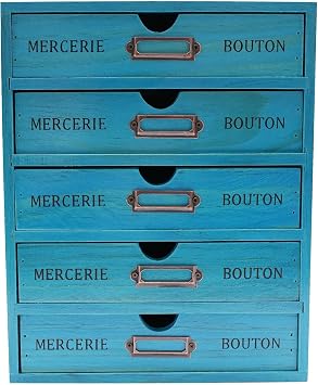 5 Drawer Wooden Desk Organizer, Wooden Storage Box Desktop Storage, Countertop Drawers Library Card Catalog Cabinet Apothecary Cabinet, Vintage Wood Home Office Desk Organizer Blue