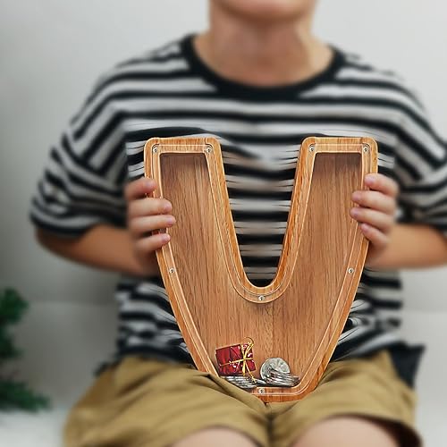 Miniatura 253 de Alcancía para niños y niñas, alcancía grande de madera personalizada con diseño recortado, bancos de monedas con letras del alfabeto, caja de ahorro