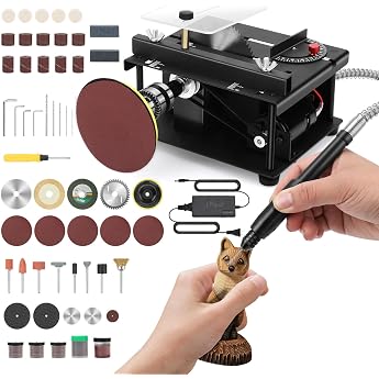Mini Table Saw 100 W Portable Small Desktop Electric Saw 7-Speed 30 mm Cutting Depth Precision Hobby Table Saw with Belt Grinds for Wood Hobby Crafts Woodworking