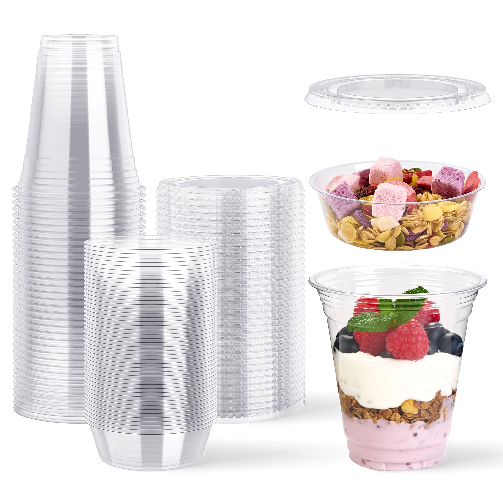 Lilymicky 50 Sets 12 oz Clear Plastic Parfait Cups with Insert & Flat lids, Disposable Yogurt Fruit Cups for Kids, for Dips and Veggies, Breakfast and