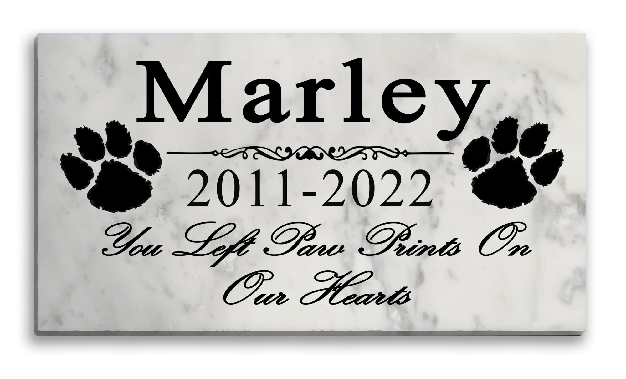 Broad Bay Dog Pet Memorial Gift Stone Solid Marble Personalized Pet Plaque Garden Marker Indoor or Outdoor Grave Headstone 12" x 6" (Paw Prints On Our