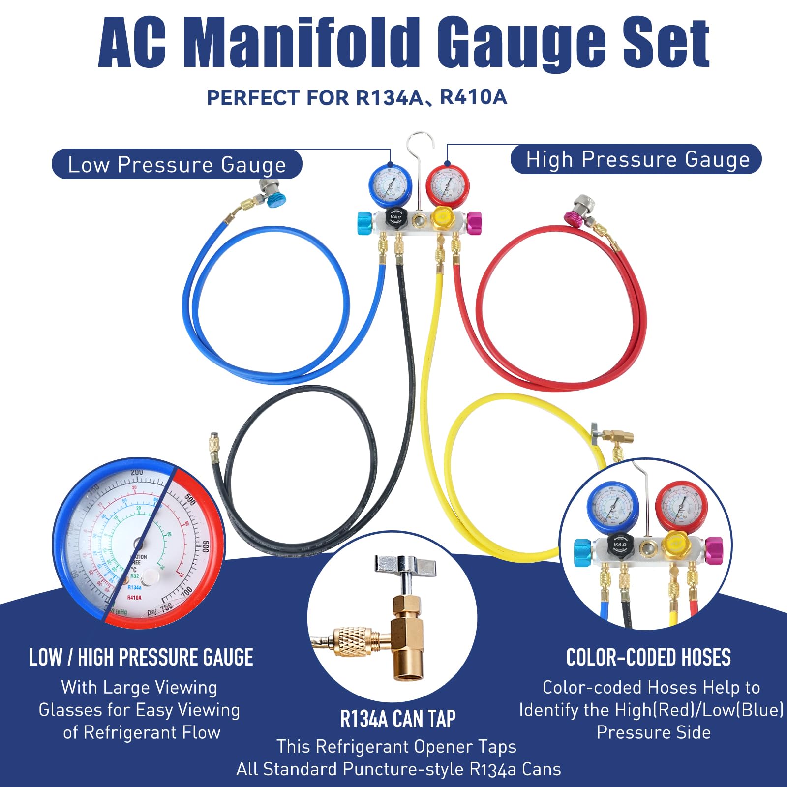 BACOENG 4.5CFM Pompa Vuoto per Condizionatori con Kit Manometri Condizionatori 4 Vie per Mini Split/HVAC/Auto AC, Kit Ricarica Aria Condizionata per R134A R410A Refrigeranti