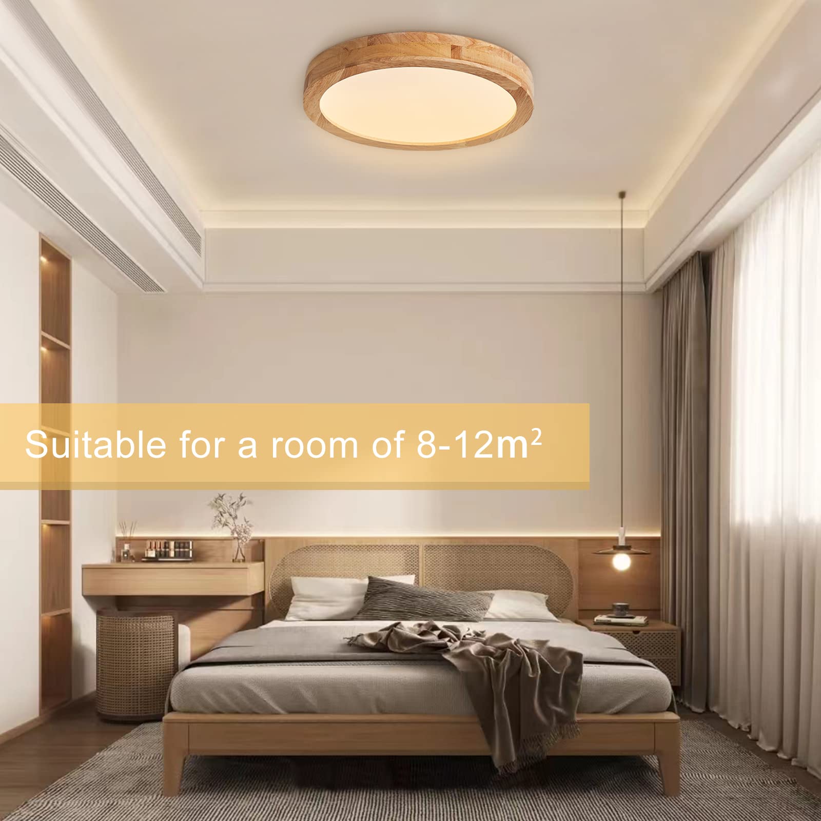 Plafonnier LED en bois, 30CM Rond Plafonnier LED Salon 20W 3000K Blanc Chaud Plafonnier bois Rond Lampe led plafond pour chambre/bureau/cuisine/d'enfant/couloir/balcon