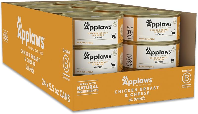 Ração úmida para gatos Applaws com peito de frango, queijo e caldo – 24 latas de 156 g