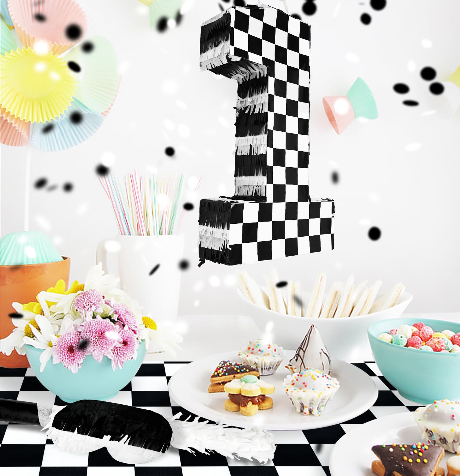 Amazon.com: MUNILAIL Checkered Number 1 Pinata Black and White