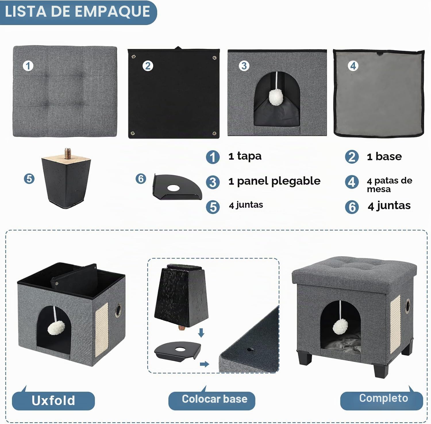 BRIAN & DANY Casa Gato, Cueva para Gatos de Interior, Cama Plegable para Gatos con Tabla Rascador y Pelota de Juego, Taburete con Patas de Madera, 37,5 x 32,5 x 36 cm, Gris