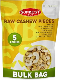 Sunbest Natural Raw Cashew Halves & Pieces 5 lbs Bulk Unsalted Unroasted for Snacks Baking Vegan Recipes (80 oz)