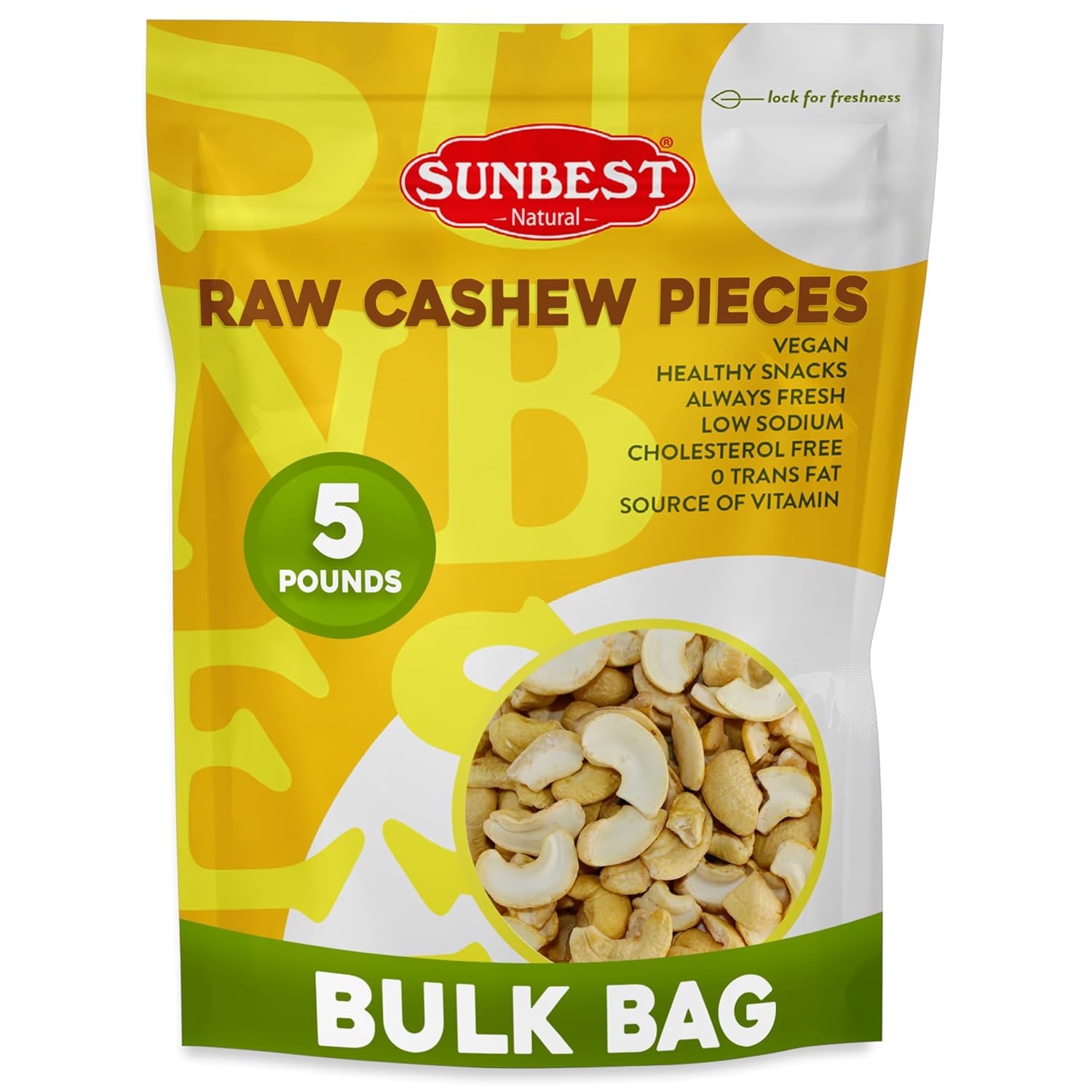 Sunbest Natural Raw Cashew Halves & Pieces, 5 lbs – Unsalted & Unroasted – Bulk Cashews to Eat – For Party Snacks, Baking & Topping – Rich in Plant-Based Protein & Fiber (80 oz)