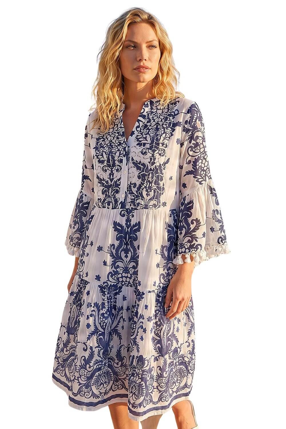 Roman Beaded Tassel Trim Smock Dress, Blue, Size 16, Women