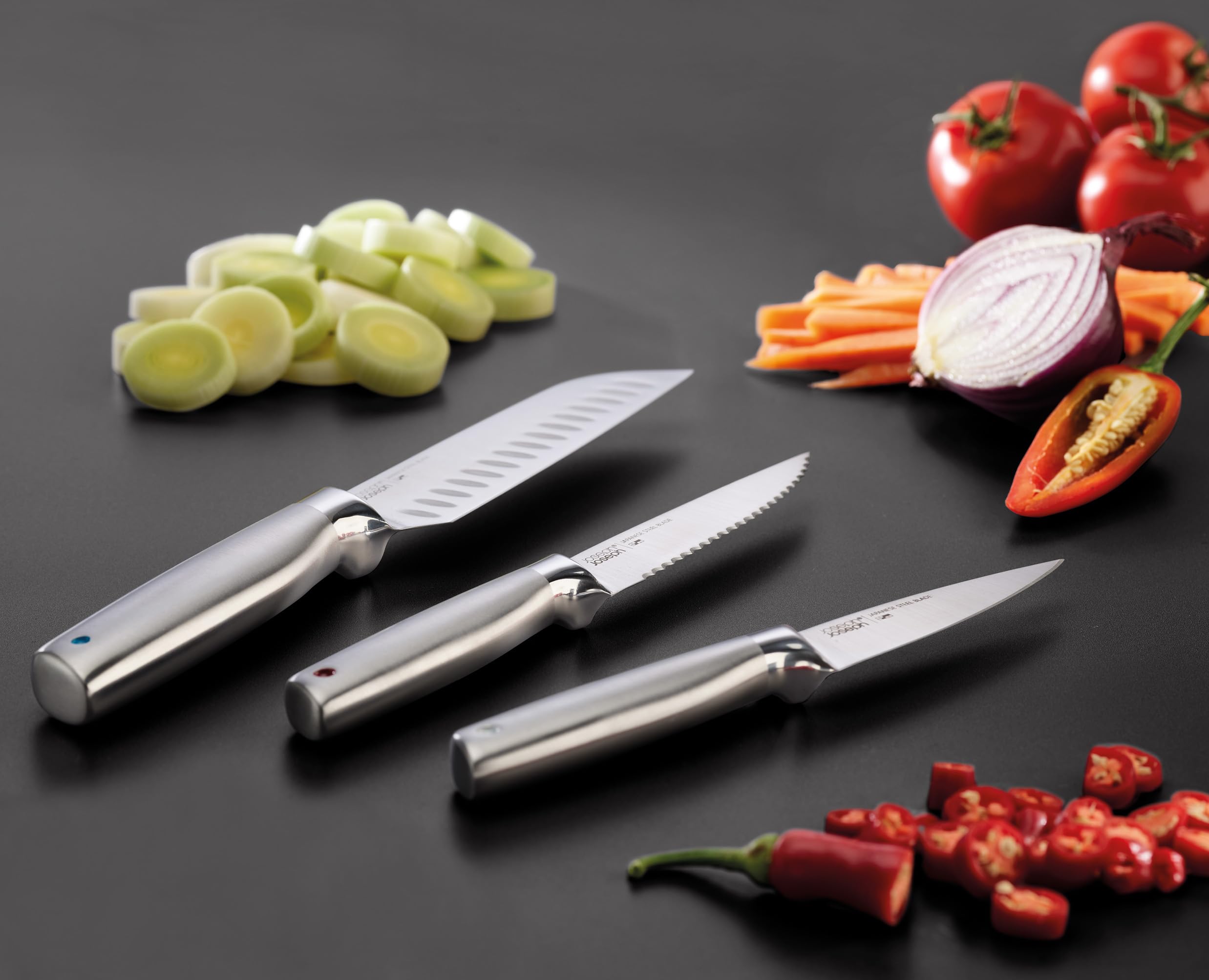 Joseph Joseph Fusion Cuchillos de Cocina Profesionales, Cuchillo Carnicero y Tijeras, Acero Inoxidable Japones, 5 piezas, Bloque de Madera