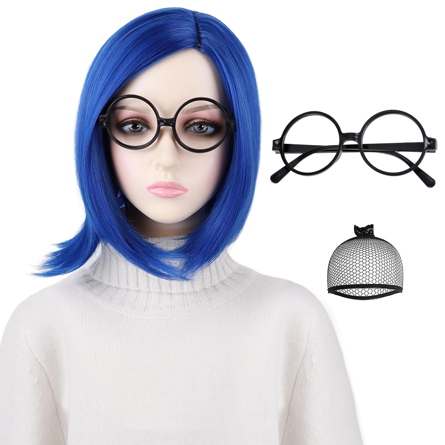 YTbeautyBlue Bob Wig with Black Glasses for Women Costume Short Blue Anime Funny Wig for Women Cosplay Halloween Party