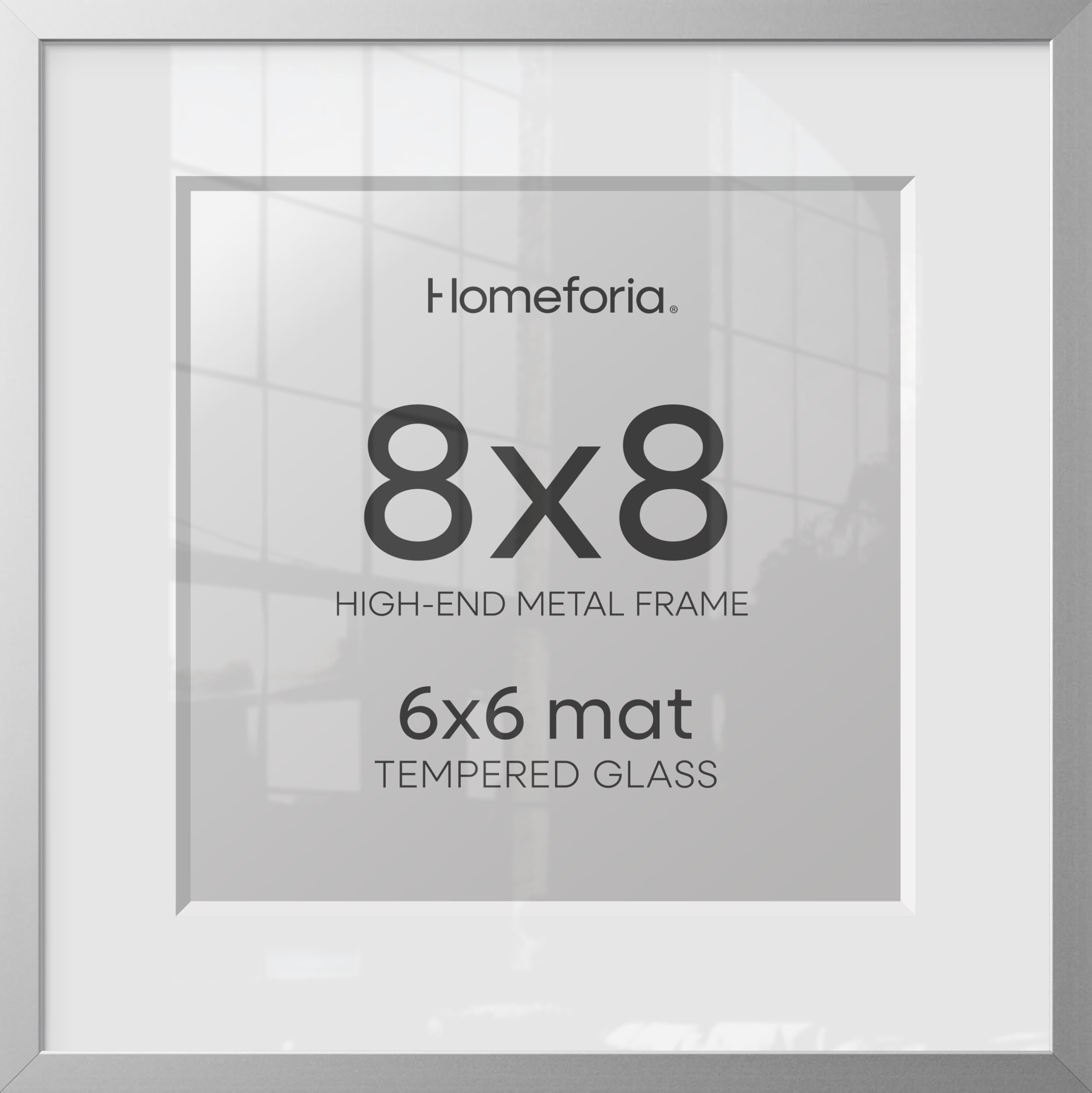 Homeforia 8x8 Silver Picture Frame, High-End Metal, 6x6 Mat, Glass | High End Aluminum, Tempered Glass, Acid-Free 6x6 Removable Mat, 8x8 in Edge-to-Edge Display 8x8, Wall Kit, Set Of 1