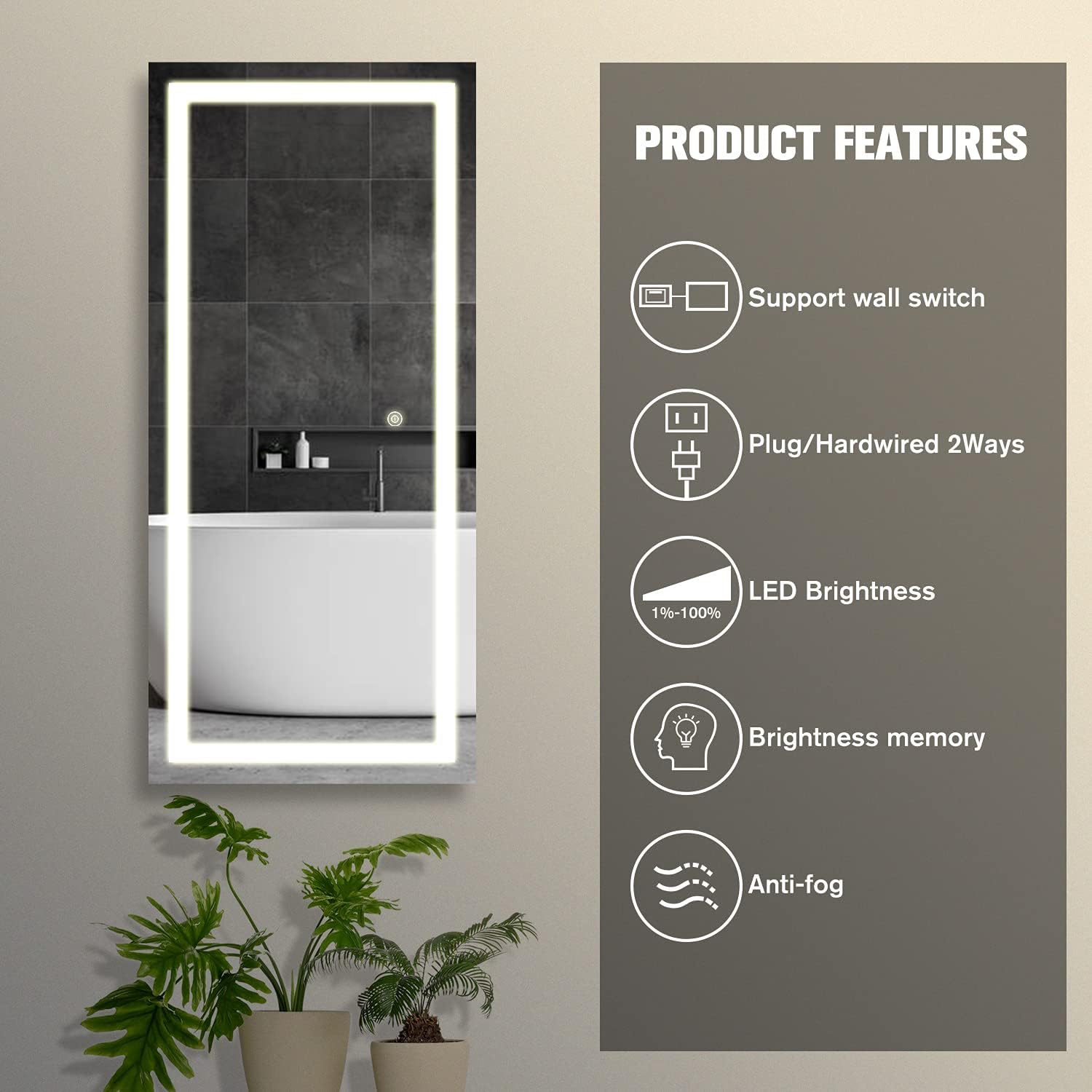 WATTNE 22x47 inch led Mirror for Bathroom,Dimmable，Anti-Fog & Wall Mounted，Size(24x36,24x40,28x36,30x48,32x40) Optional : Home & Kitchen