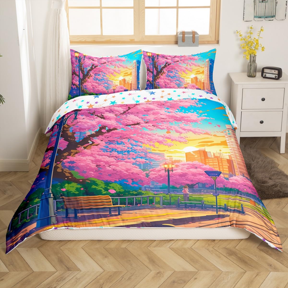 Homemissing Cherry Blossoms Duvet Cover Set Single Size For Kids Adults Girls Women Japanese-Style Bedding Set Cherry Flower Comforter Cover with 1 Pillowcase Pink Flowers Landscape Bed Sets — image 1