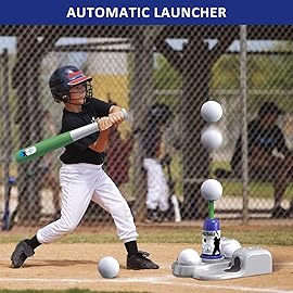 QDRAGON 2 in 1 T Ball Sets for Kids 3-5 5-8, Tee Ball Set with Automatic Pitching Machine/Adjustable Batting Bat & Stand/6 Balls, Baseball Toys Outdoor Sport for Toddlers Boys, Blue