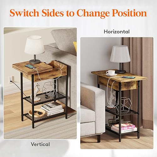 Miniatura 9 de Lifewit Mesa auxiliar estrecha con 2 tomas de corriente y 2 puertos USB, mesa auxiliar con cajón superior abatible con estantes de almacenamiento de