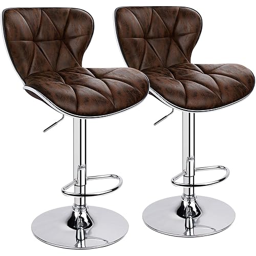 Leopard Shell Back Adjustable Swivel Bar Stools, Padded with Back, Set of 2 (Brown-Hot-Stamping Cloth)