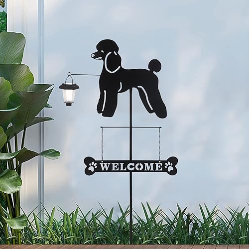 Miniatura 6 de BAYN Estacas de jardín de caniche solar decorativas con una linterna, silueta de perro, letrero de bienvenida, decoración de jardín al aire libre