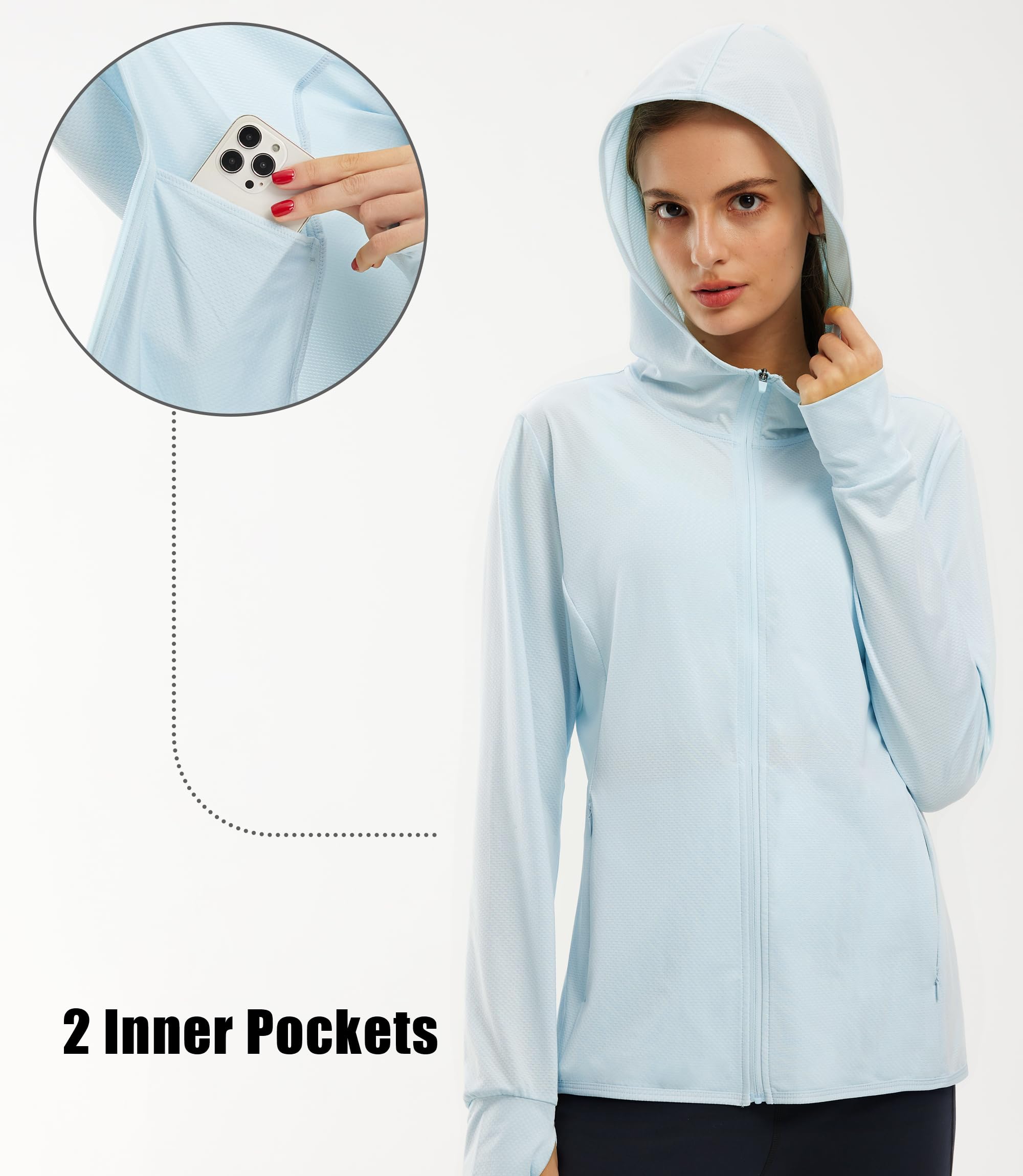 Libin UV Chemise Femme Veste de Course Running Vêtements de Protection Solaire Full Zip Hoodie Randonnée en Plein Air Surf Shirt Séchage Rapide Poches