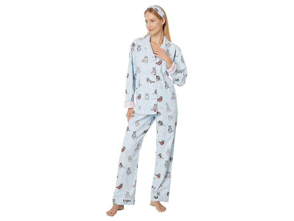 P.J. Salvage Flannel PJ Set with Headband (Blue Tint Coffee and Cats) Women's Pajama Sets INTERNATIONAL SHIPPING