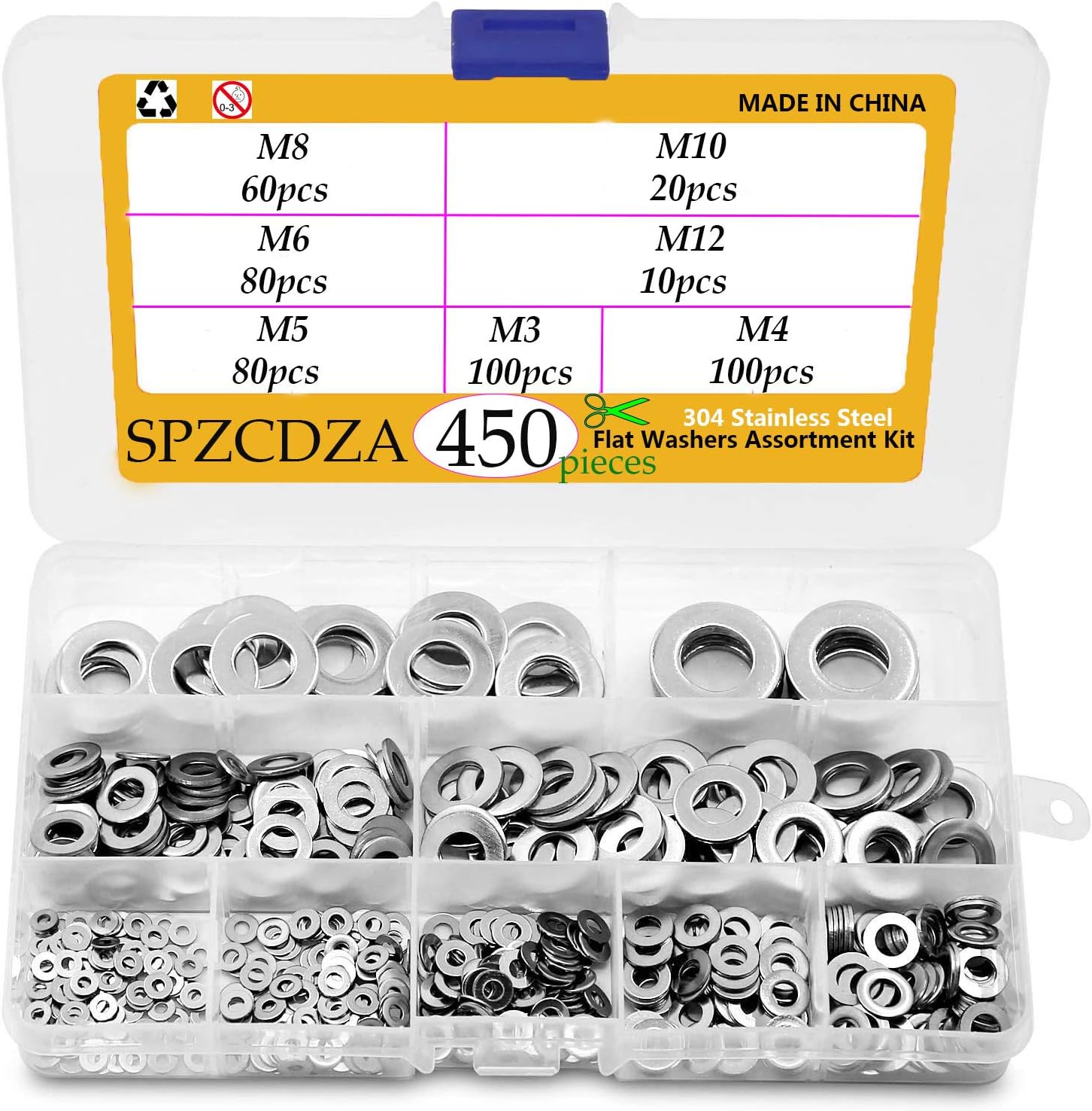 304 Stainless Steel Flat Washers Set, 450Pieces 7 Sizes Lock Washers Hardware Assortment kit for Home Decoration, Factories Repair, Kitchens(M3-M12)