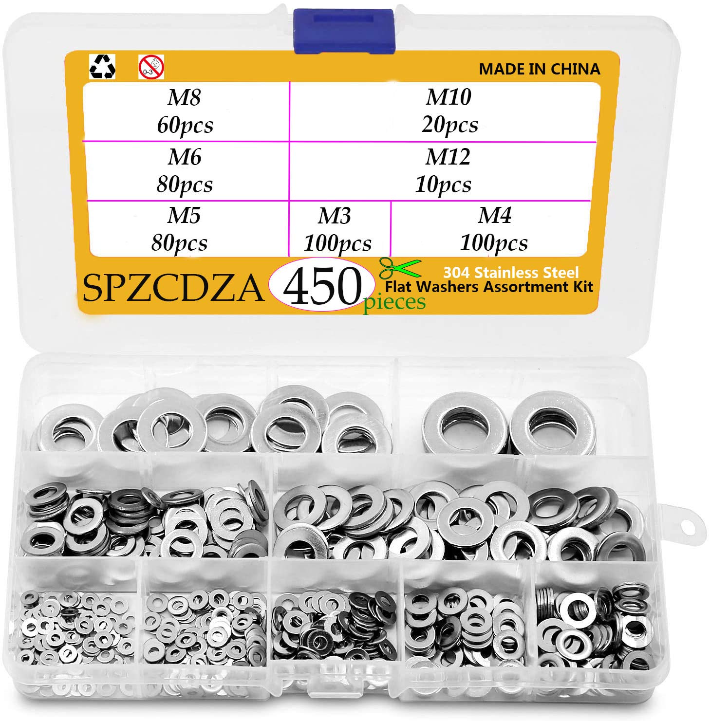 304 Stainless Steel Flat Washers Set, 450Pieces 7 Sizes Lock Washers Hardware Assortment kit for Home Decoration, Factories Repair, Kitchens(M3-M12)