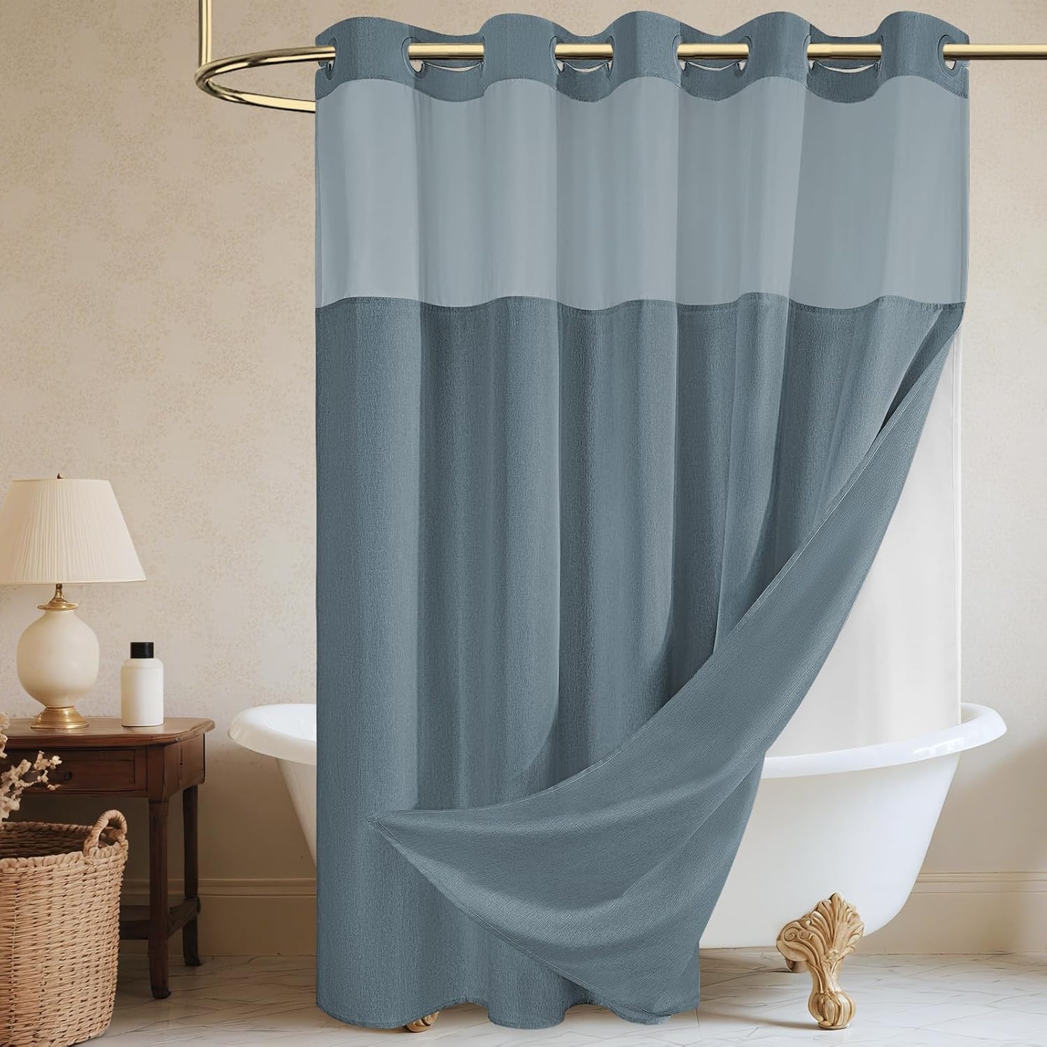 Extra Long No Hook Shower Curtain with Snap in Liner, Polyester Textured Shower Curtain with Liner Set, Waterproof Washable Hotel Style Shower Curtains for Bathroom, 71Wx86H, Blue Grey