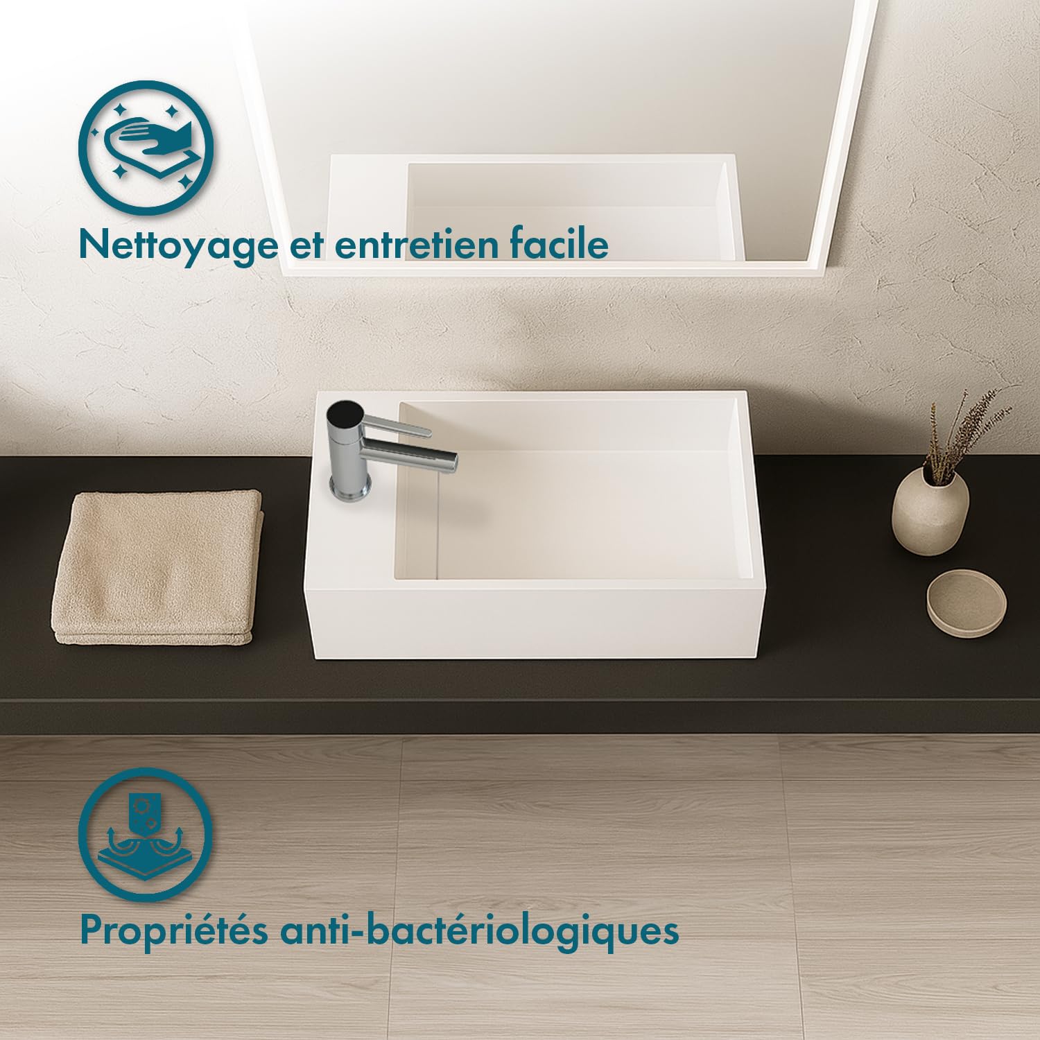 Lave-mains suspendu blanc mat MANITA G - Lavabo rectangulaire en Solid surface 35cm