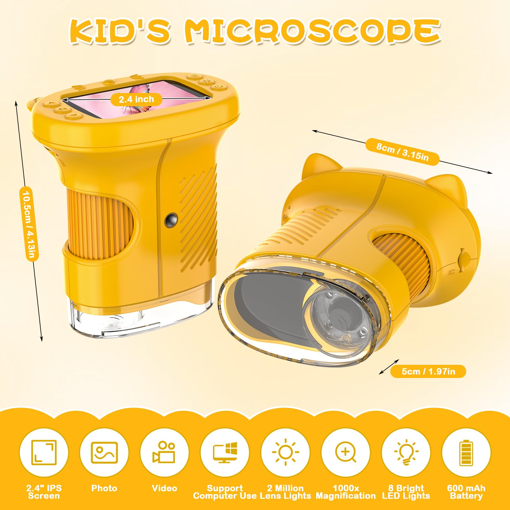 Mikroskop für Kinder, 1000 Fache Digitales Kindermikroskop mit 2,4 Zoll IPS Bildschirm, Tragbares Taschenmikroskop mit 8 LEDs für Kindergeburtstage, Weihnachten und ab 3 Jahren (Gelb)