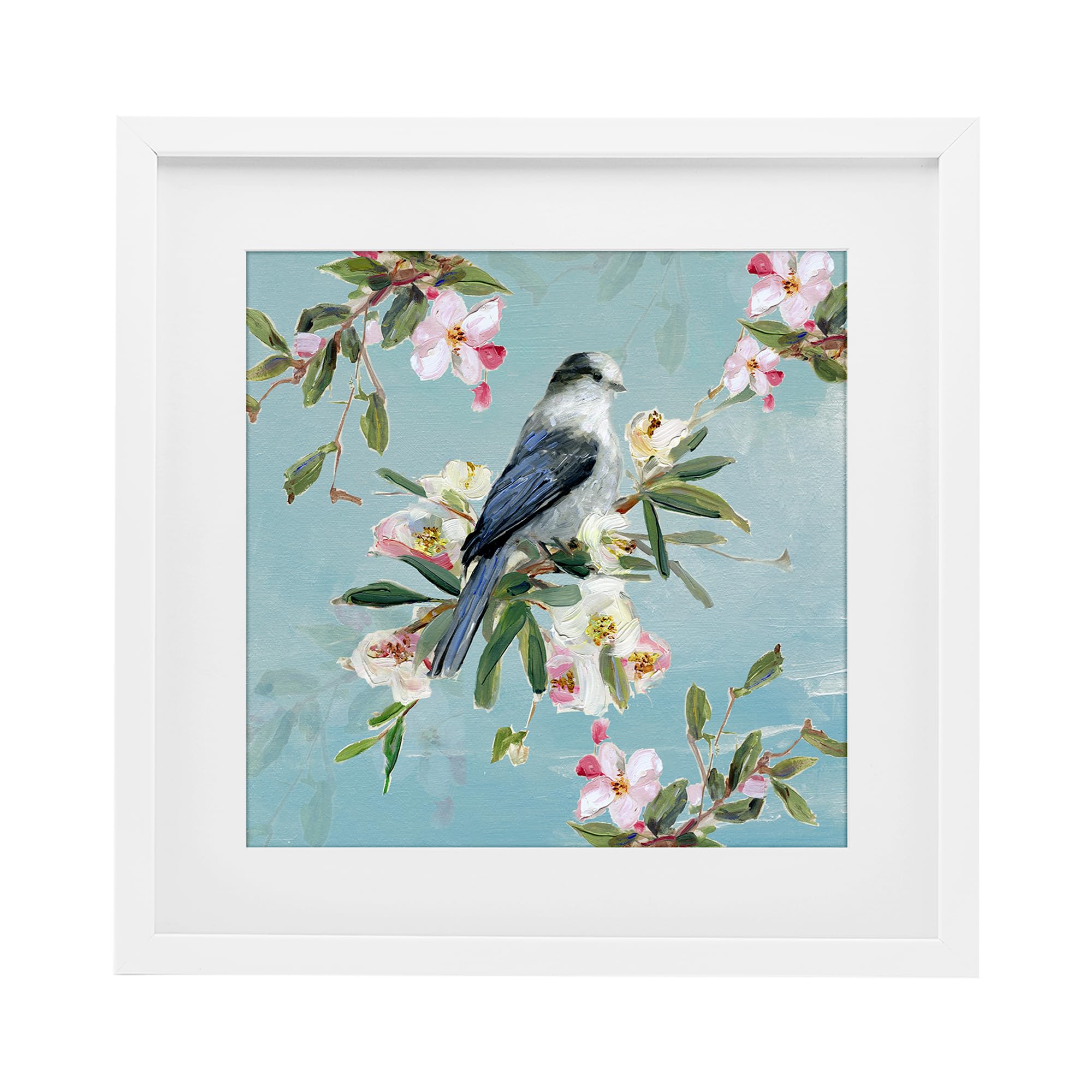 Pastel Songbird Blossoms Floral, 13 x 13 Inch Framed Print Under Glass