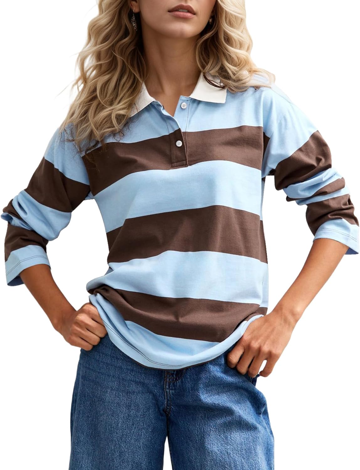 MISSACTIVER Womens Striped Polo Long Sleeve Shirts Color Block Lapel V Neck Workout Tops Fall Loose Rugby Tshirts Blouse