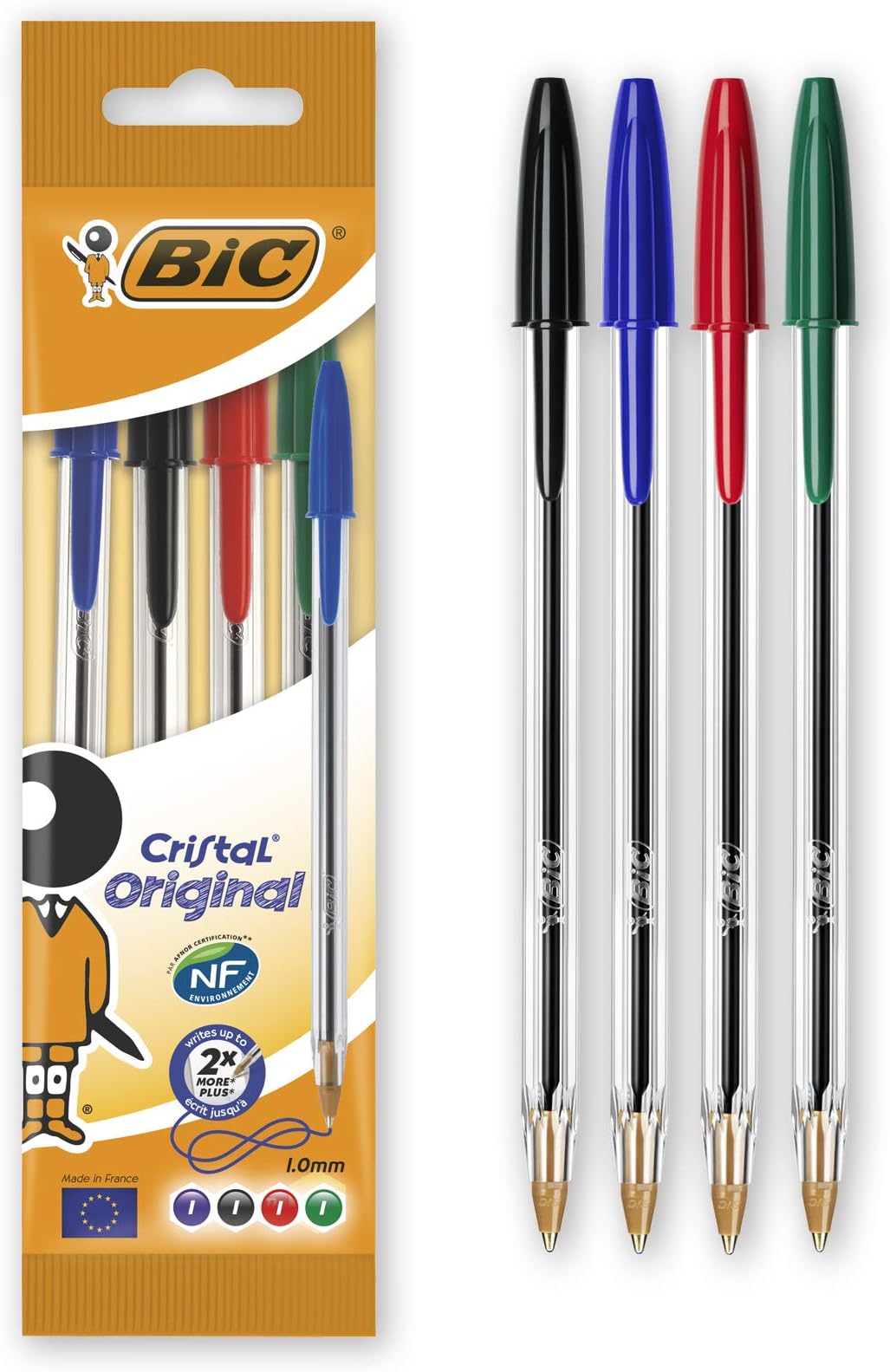 BIC Cristal Original Ballpoint Pens with Medium Point (1.0 mm), Assorted Colours, Pack of 4